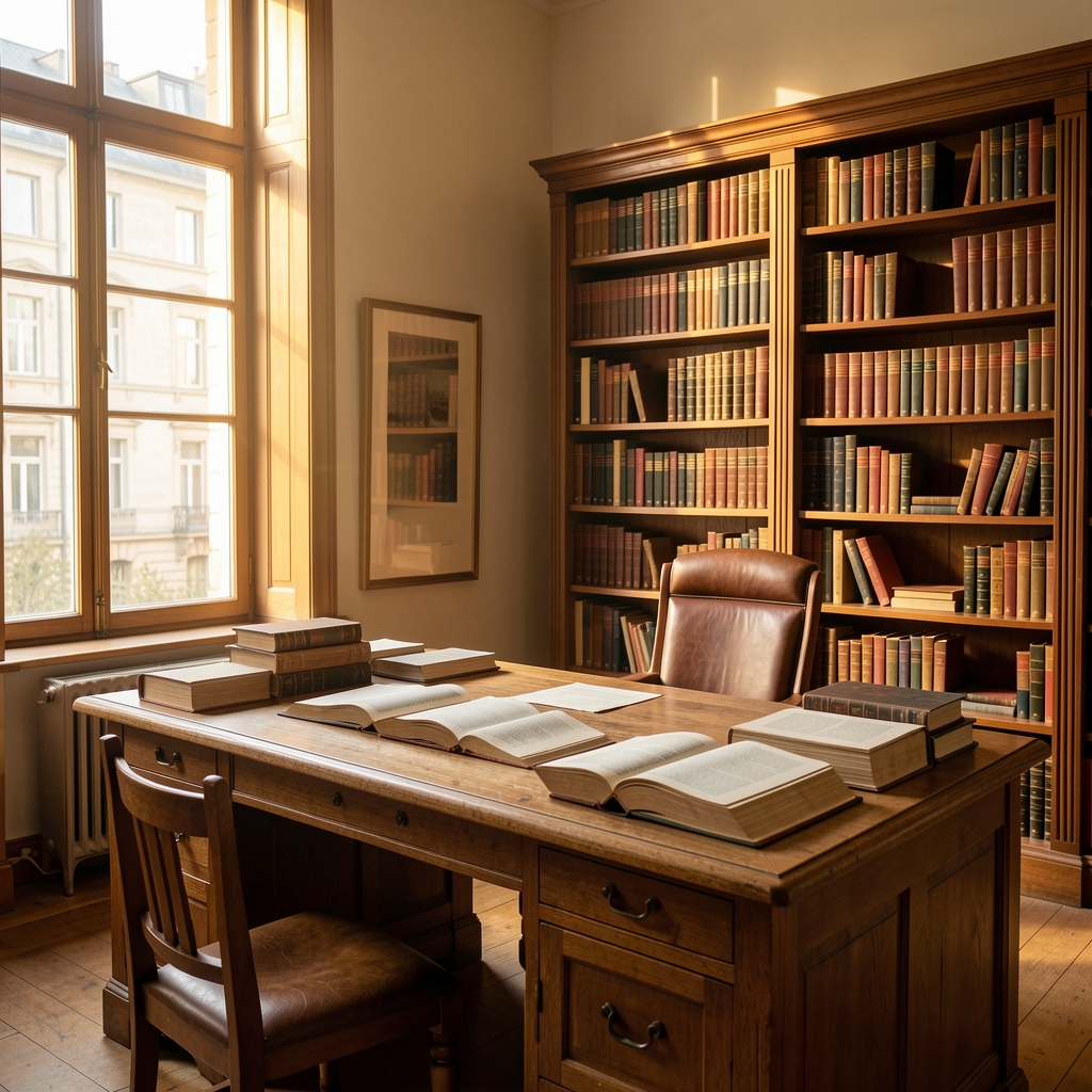 Quiet reading room with a large oak desk, open reference books, a tall bookshelf filled with volumes and warm afternoon light coming through a tall window, conveying scholarly atmosphere