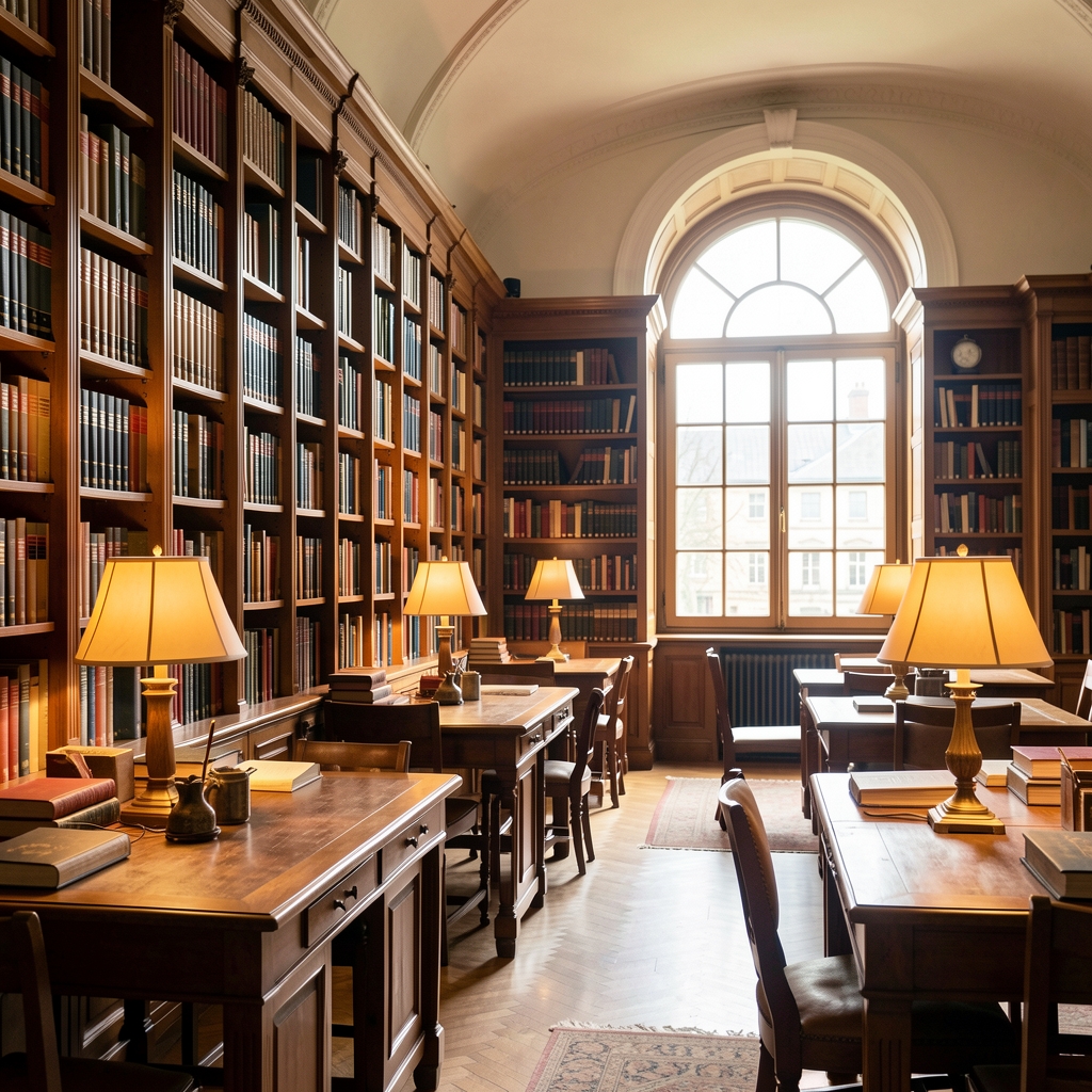 Elegant library reading room with rows of reference books, warm reading lamps casting pools of light on wooden study tables and a large arched window letting in natural daylight