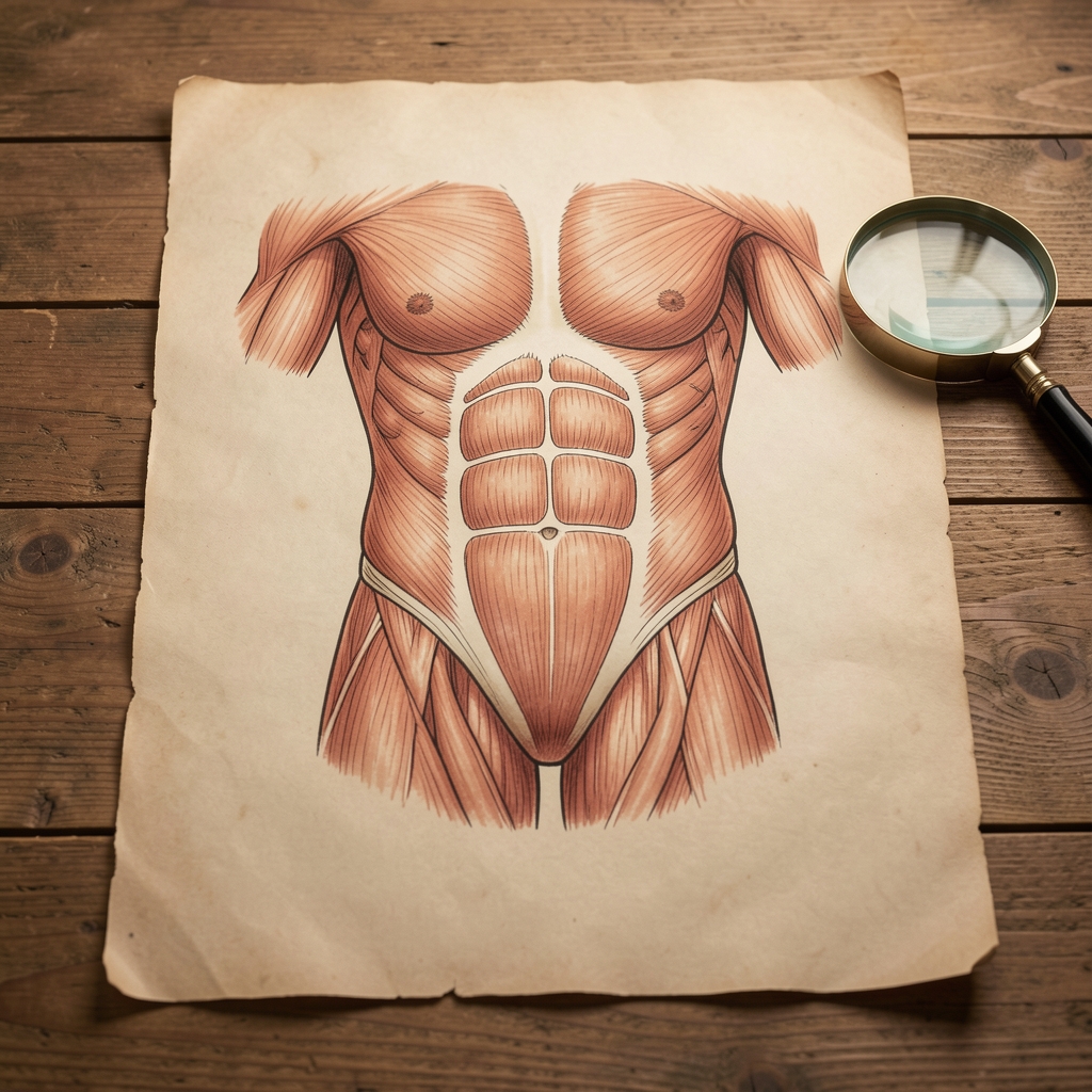 Detailed anatomical reference illustration on parchment paper showing the lower torso musculature in a neutral diagrammatic style, resting on a wooden desk with a magnifying glass beside it