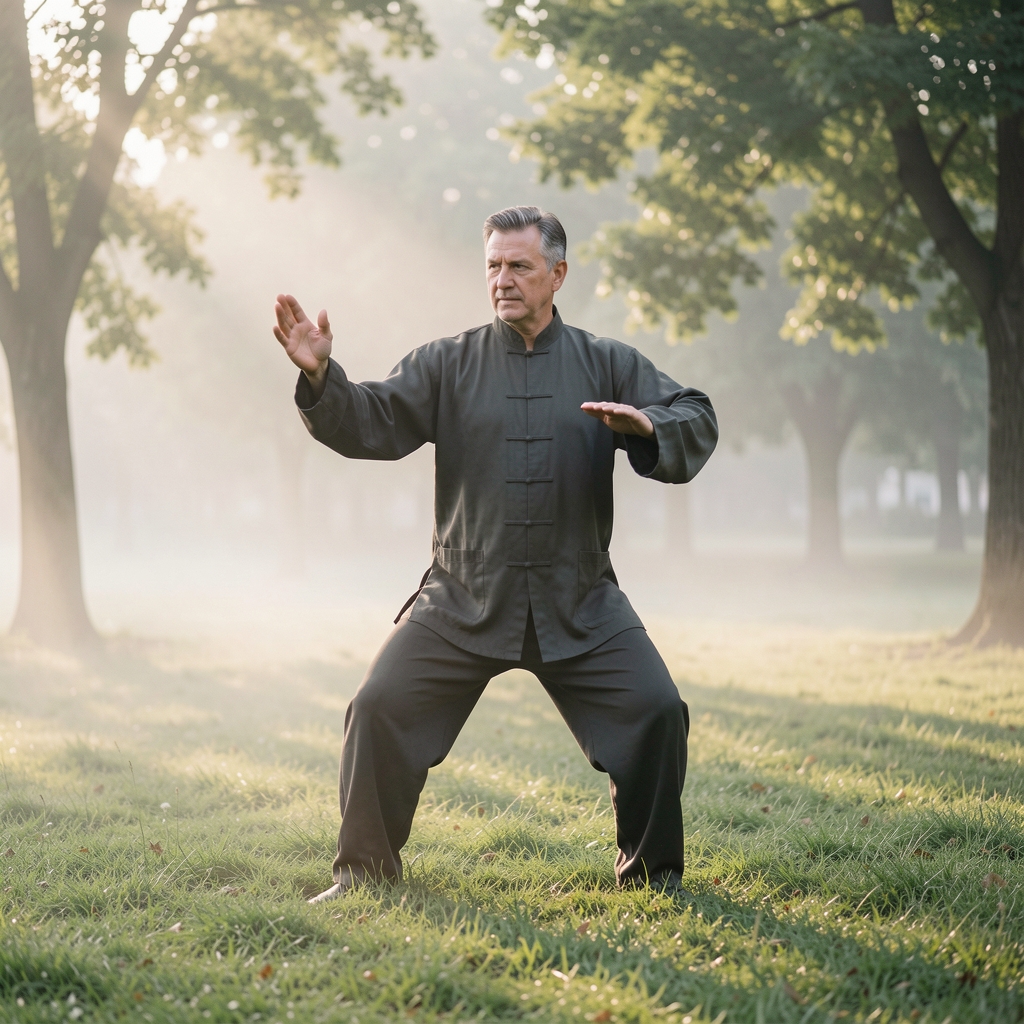 Man in his forties performing a slow tai chi movement in an open park at early morning with mist on the grass and soft diffused light, embodying disciplined physical practice