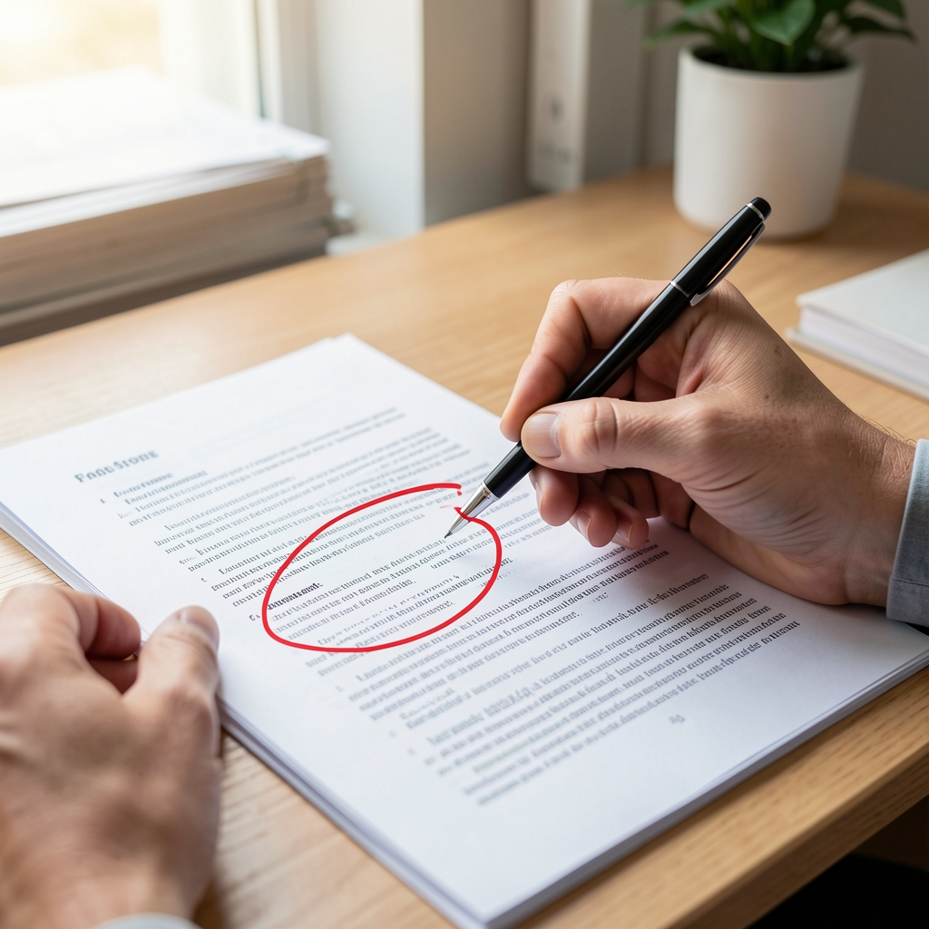 Close-up of a person carefully annotating a printed research article at a well-lit desk, circling specific paragraphs with a red pen, conveying critical reading and fact-checking