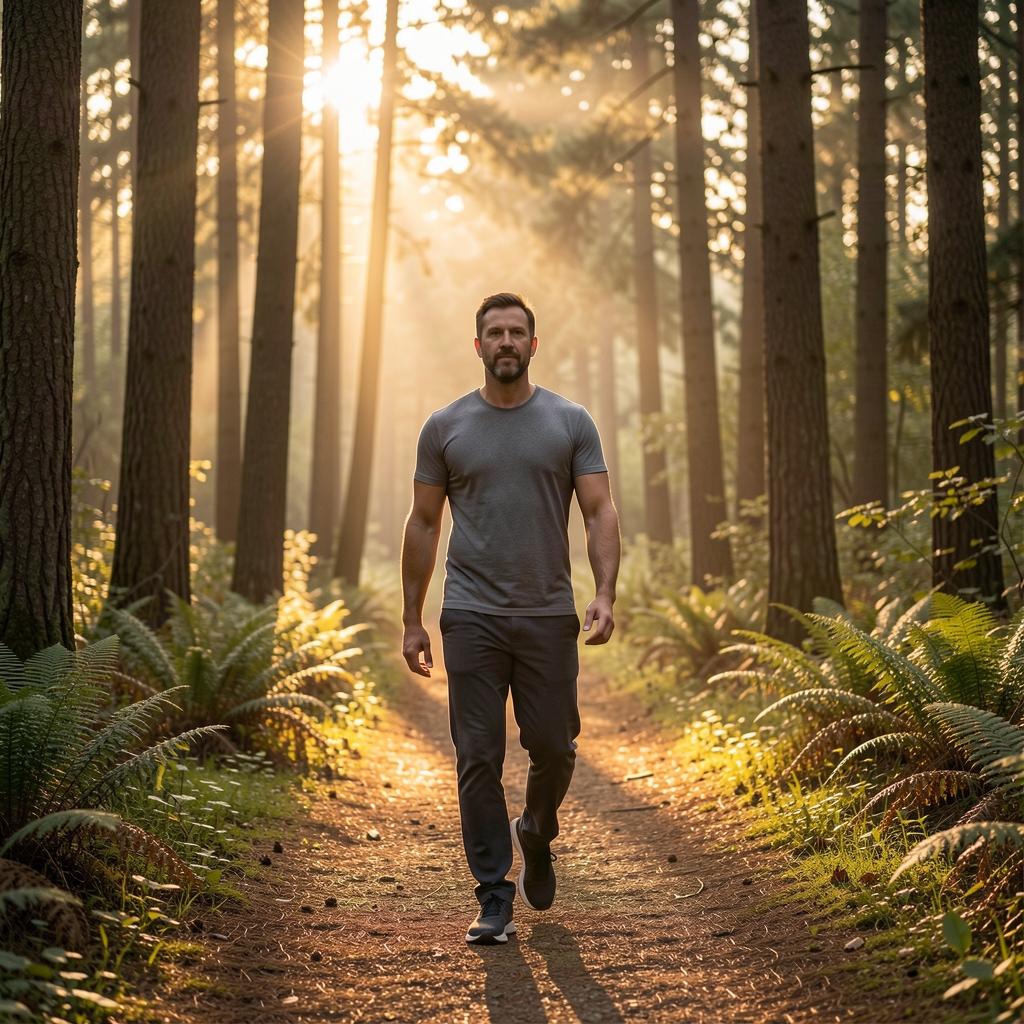 Man in his late thirties walking along a quiet forest trail at sunrise, hands relaxed at his sides, natural light filtering through the trees, capturing a calm morning wellness routine