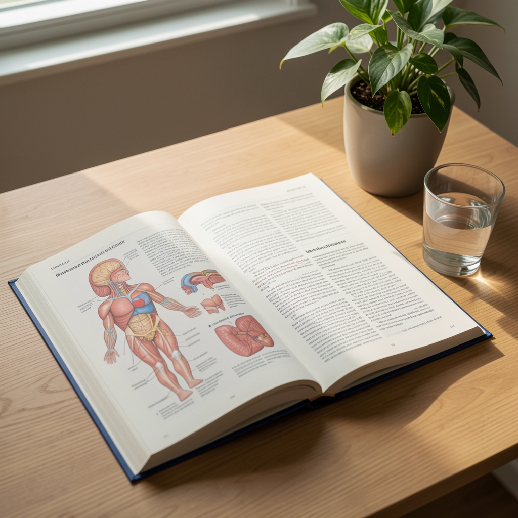 Open dictionary on a dark wooden desk with a fountain pen resting on its spine and warm lamp light illuminating the page, evoking careful study of language and terminology
