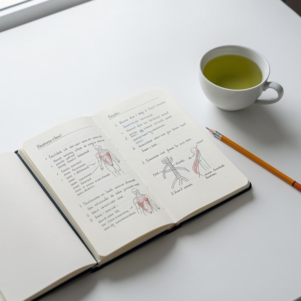 Open notebook with handwritten anatomical notes and a pencil resting on a clean white desk beside a cup of green tea, suggesting quiet study and research