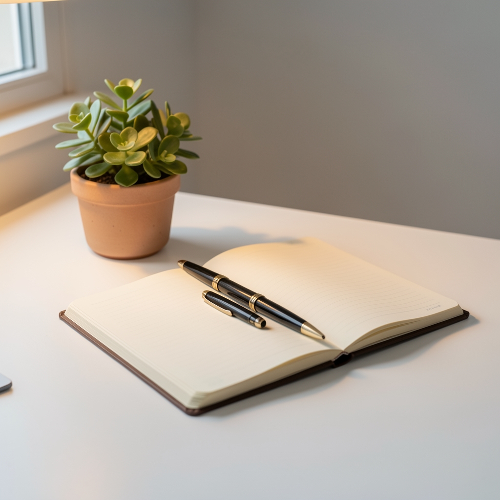 Neat editorial desk with an open notebook, a classic pen, a small plant in a ceramic pot and warm side lighting on a clean white surface, evoking a calm and professional correspondence environment