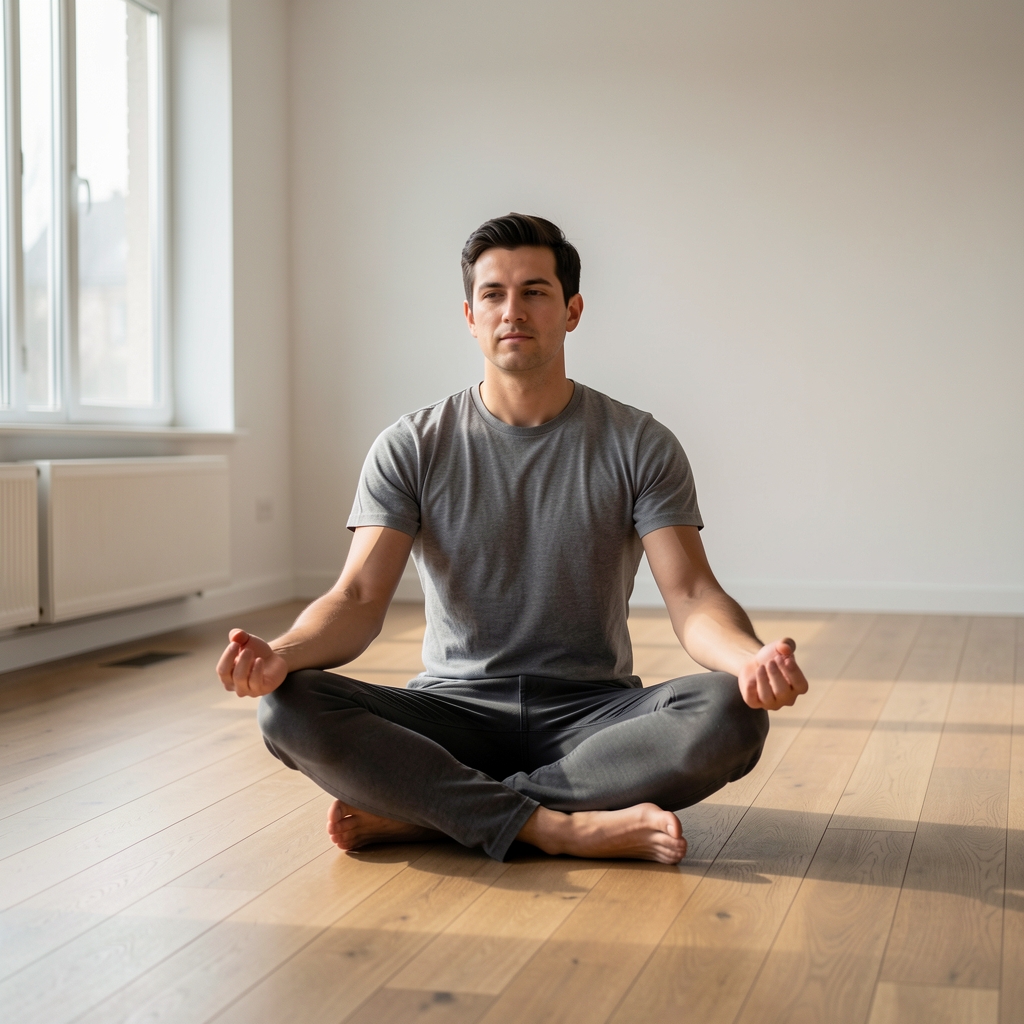 Man performing a calm seated yoga stretch on a wooden floor in a minimalist room with natural light coming through large windows, embodying focused physical awareness
