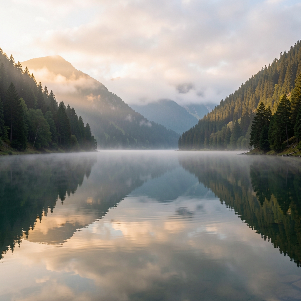 Misty mountain lake at dawn with still water reflecting forested slopes and soft morning light filtering through low cloud