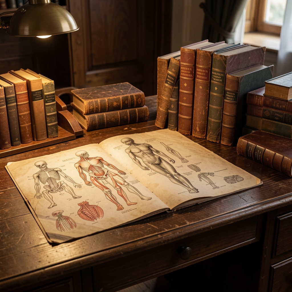 Aged anatomical illustration diagrams and worn leather-bound reference books arranged on a dark oak desk with warm lamp light, evoking historical study and scholarship