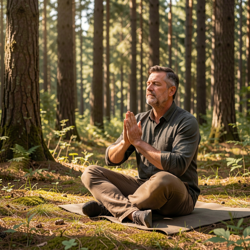 Man in his forties seated in a calm forest clearing practising mindful breathing, sunlight filtering through tall trees creating dappled shadow patterns on the ground